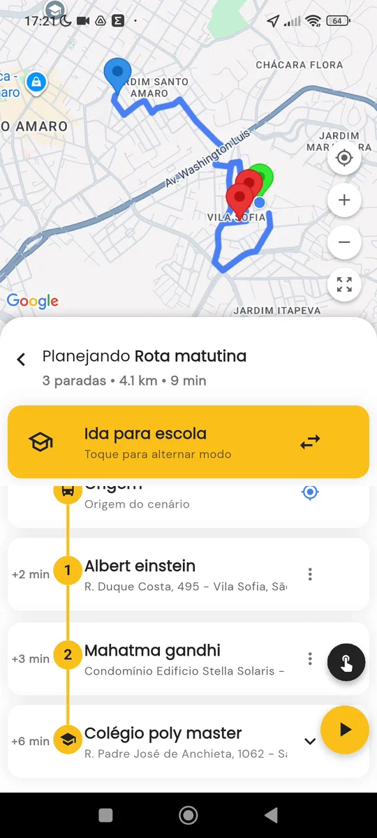 Planejamento da rota com paradas, distância e tempo