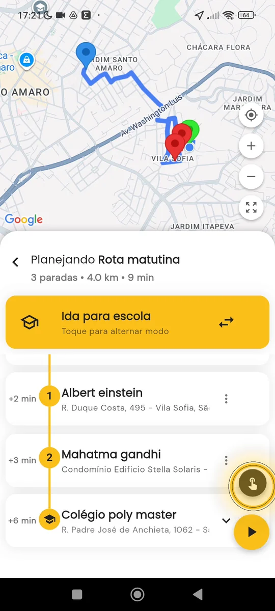 Lista de paradas da rota com a opção de editar uma parada