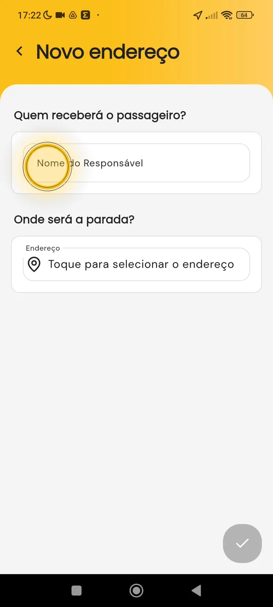 Tela Novo endereço com o campo Nome do Responsável