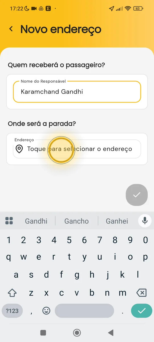 Campo de endereço da nova parada