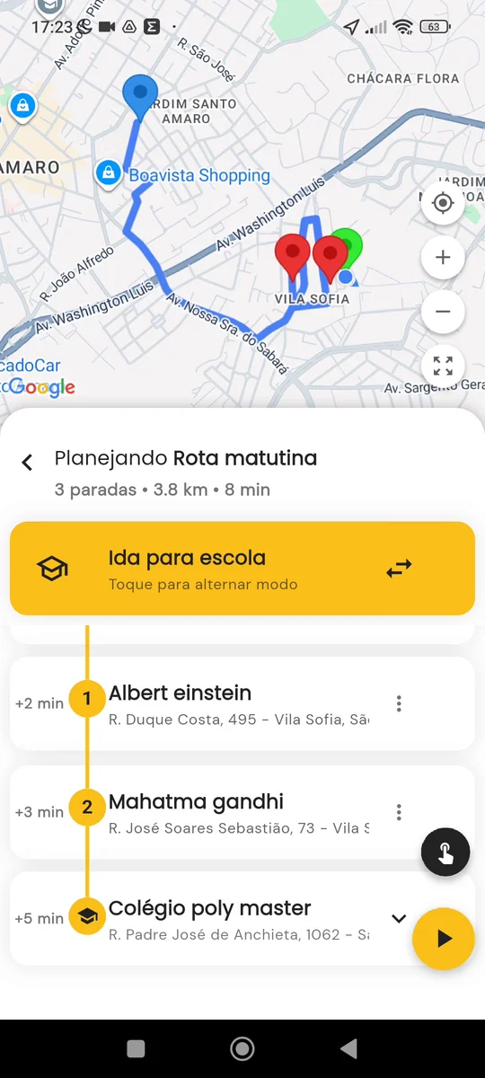 Rota recalculada após a alteração da parada