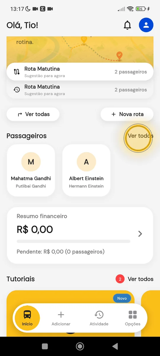 Tela inicial do Vanguru com o bloco Passageiros e o botão Ver todos destacado