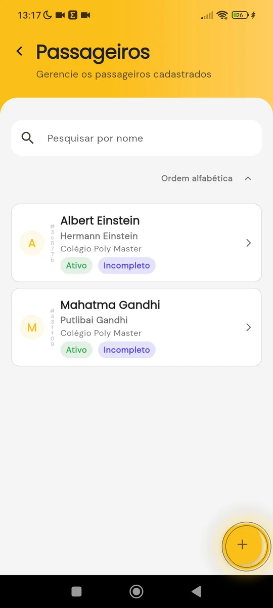 Lista de passageiros com o botão de adicionar destacado