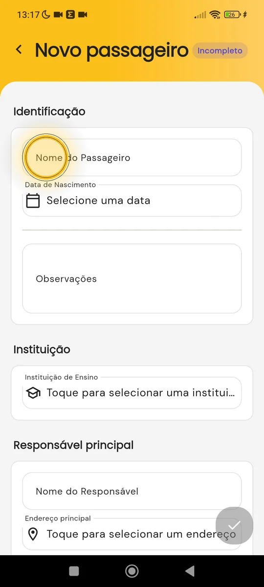 Formulário Novo passageiro com o campo Nome do Passageiro destacado