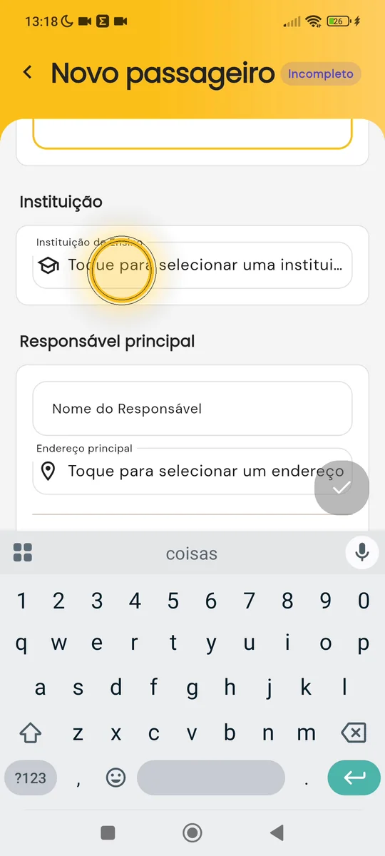 Campos de Instituição de Ensino e Responsável principal