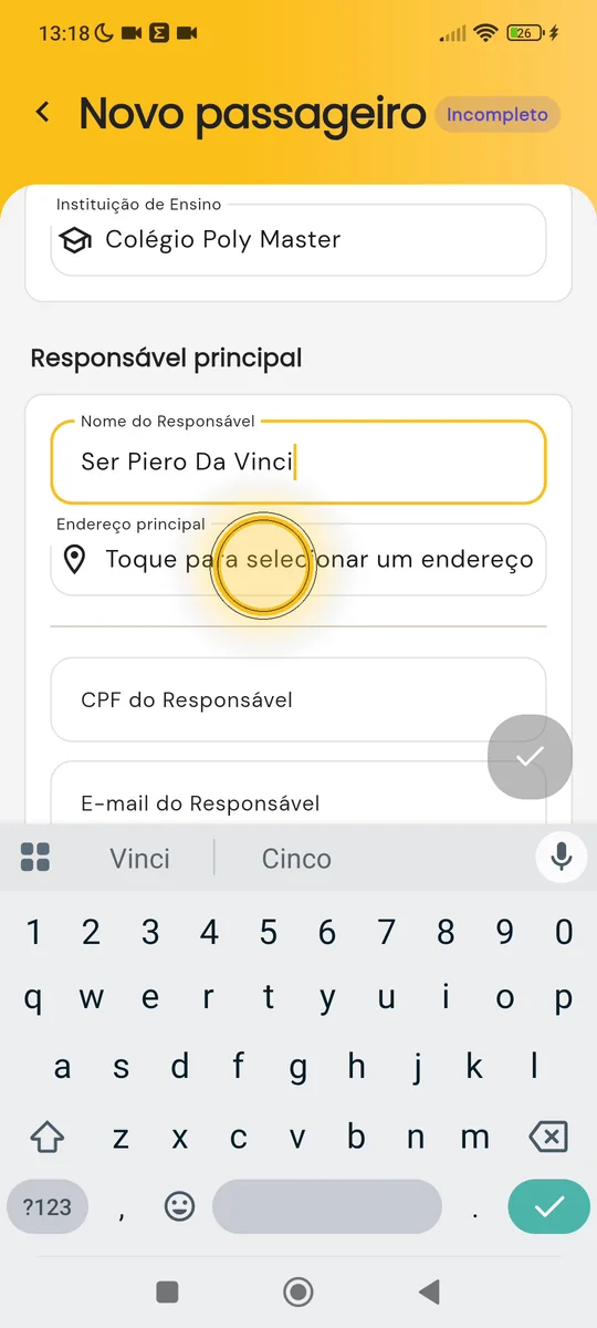 Campo Endereço principal do responsável destacado