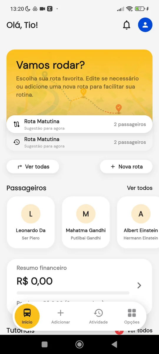 Tela inicial com o bloco Passageiros
