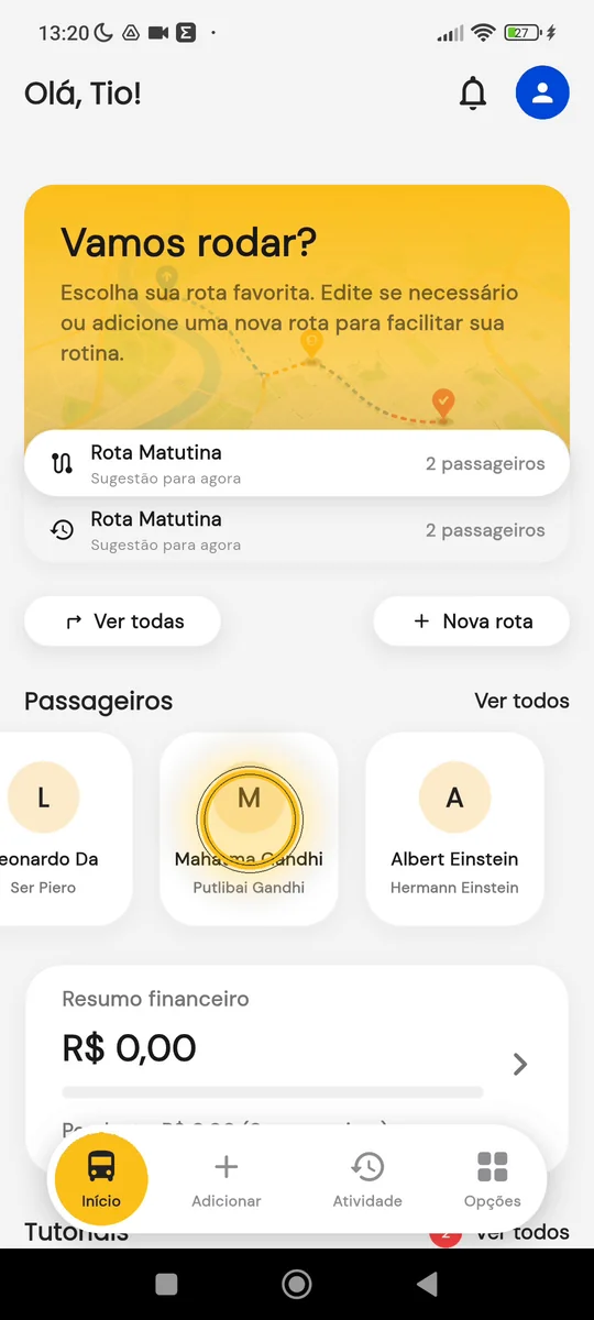 Perfil do passageiro com a opção Editar dados