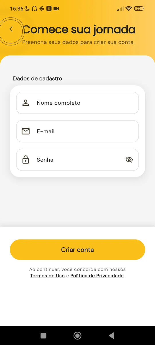 Tela Comece sua jornada com a opção de cadastro por Google