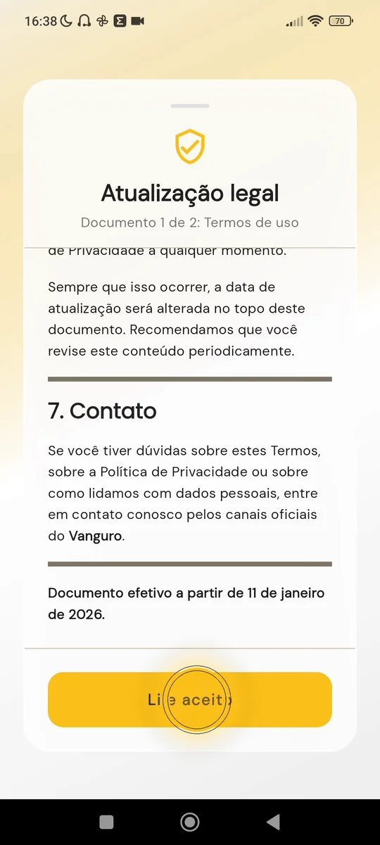 Tela de Termos de Uso com o botão Li e aceito