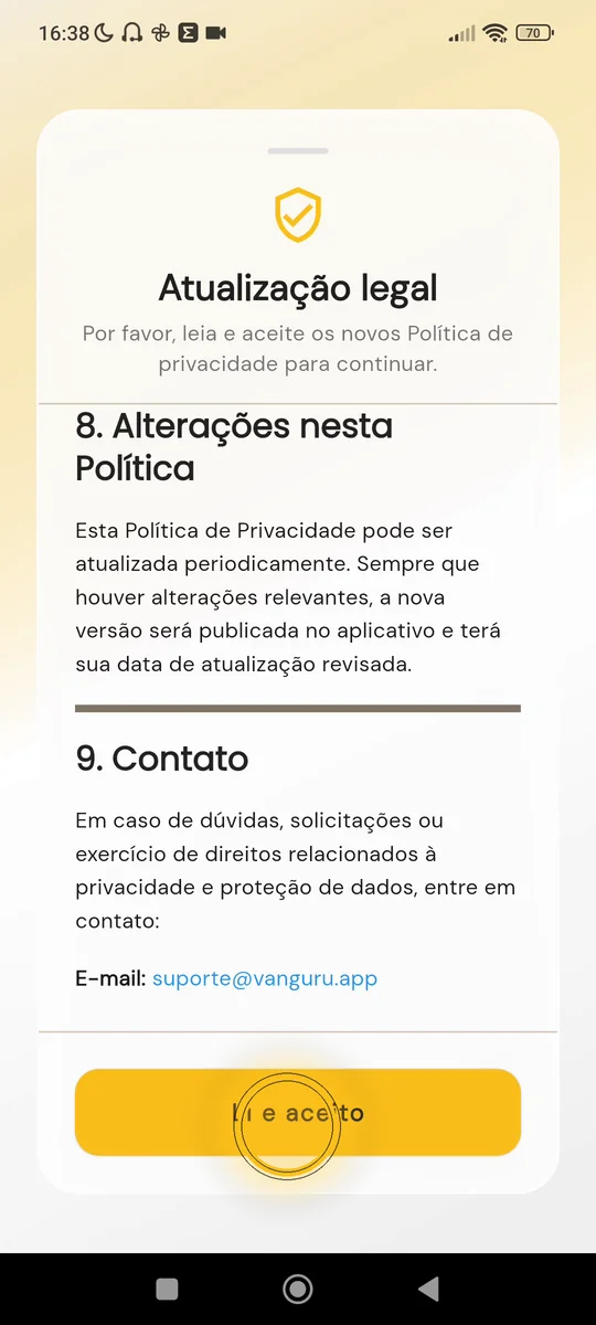 Tela de Política de Privacidade com o botão Li e aceito