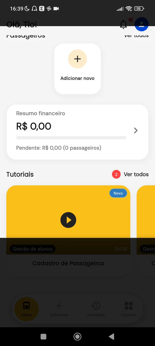 Tela inicial do Vanguru após a criação da conta