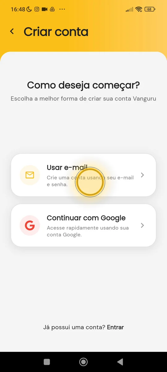 Tela Criar conta com as opções Usar e-mail e Continuar com Google