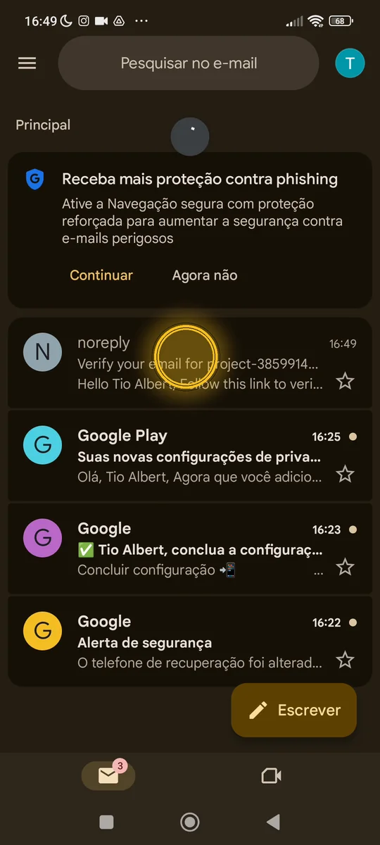 E-mail de verificação recebido na caixa de entrada