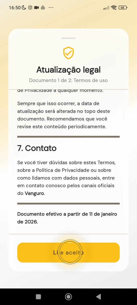Tela de Termos de Uso com o botão Li e aceito