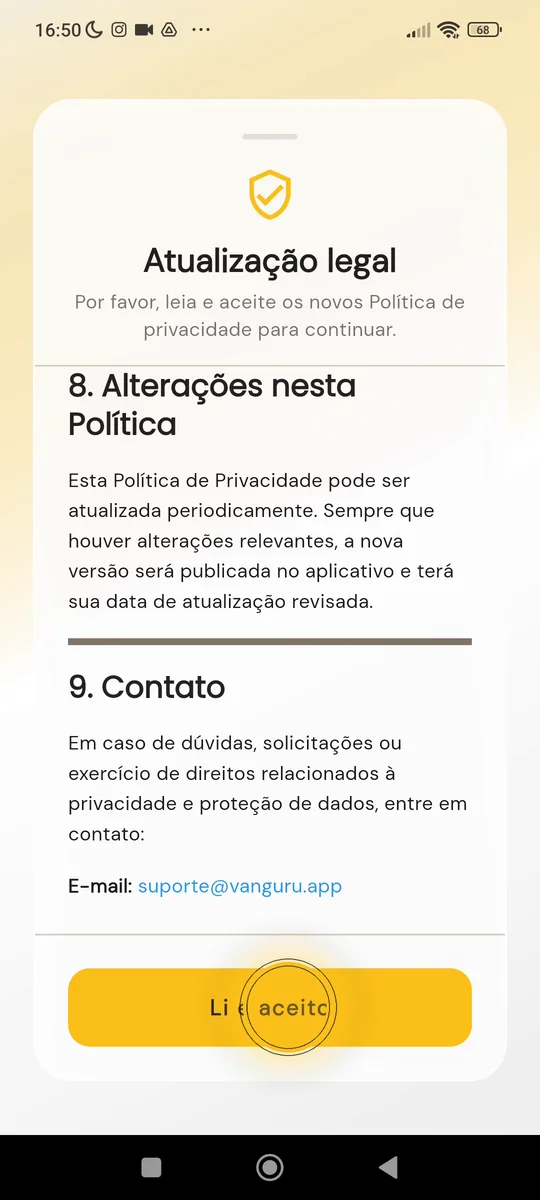 Tela de Política de Privacidade com o botão Li e aceito