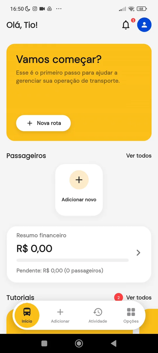 Tela inicial do Vanguru após confirmar o cadastro