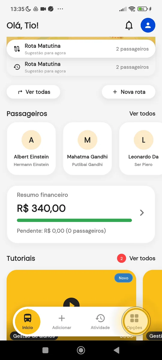 Menu Opções com o item Contratos
