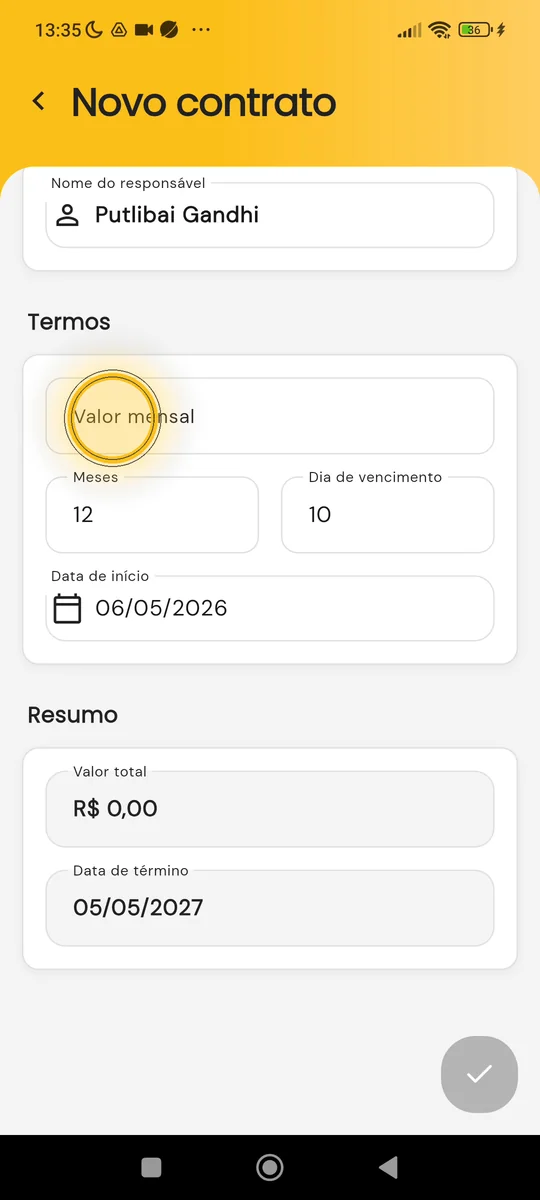 Tela Novo contrato com os campos de valor, meses e vencimento