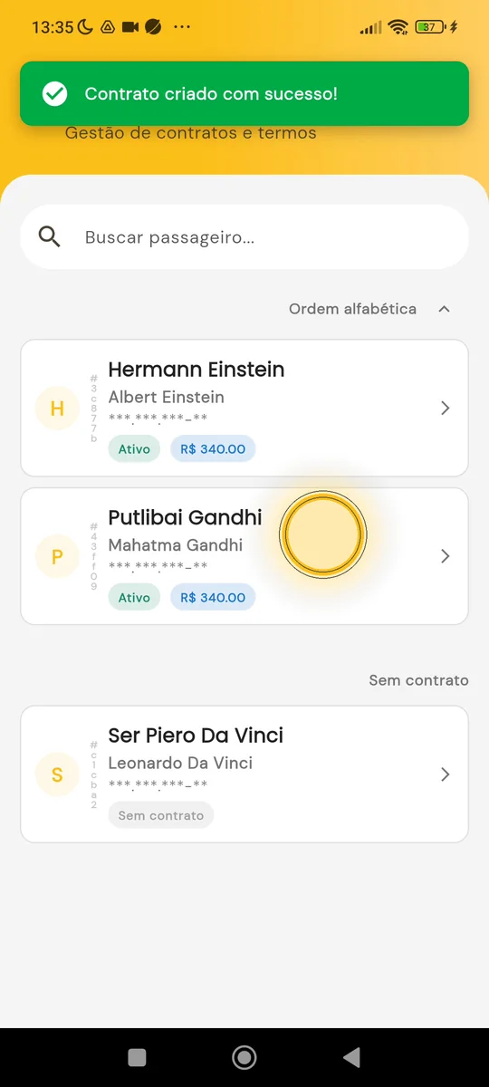 Confirmação de contrato criado com sucesso