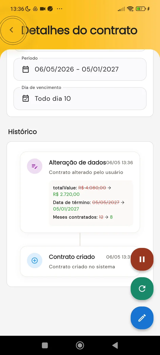 Histórico do contrato mostrando as alterações