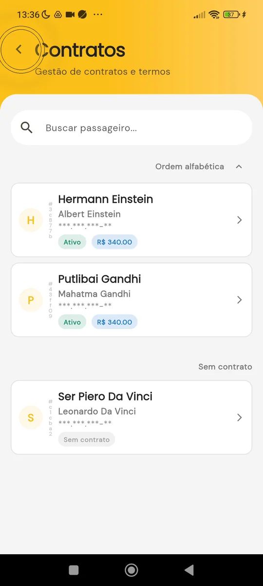 Retorno à lista de contratos para acessar Pagamentos
