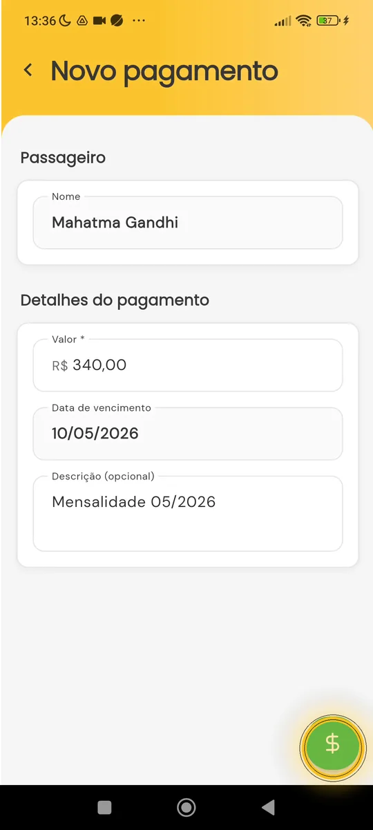Tela Novo pagamento com valor, vencimento e descrição