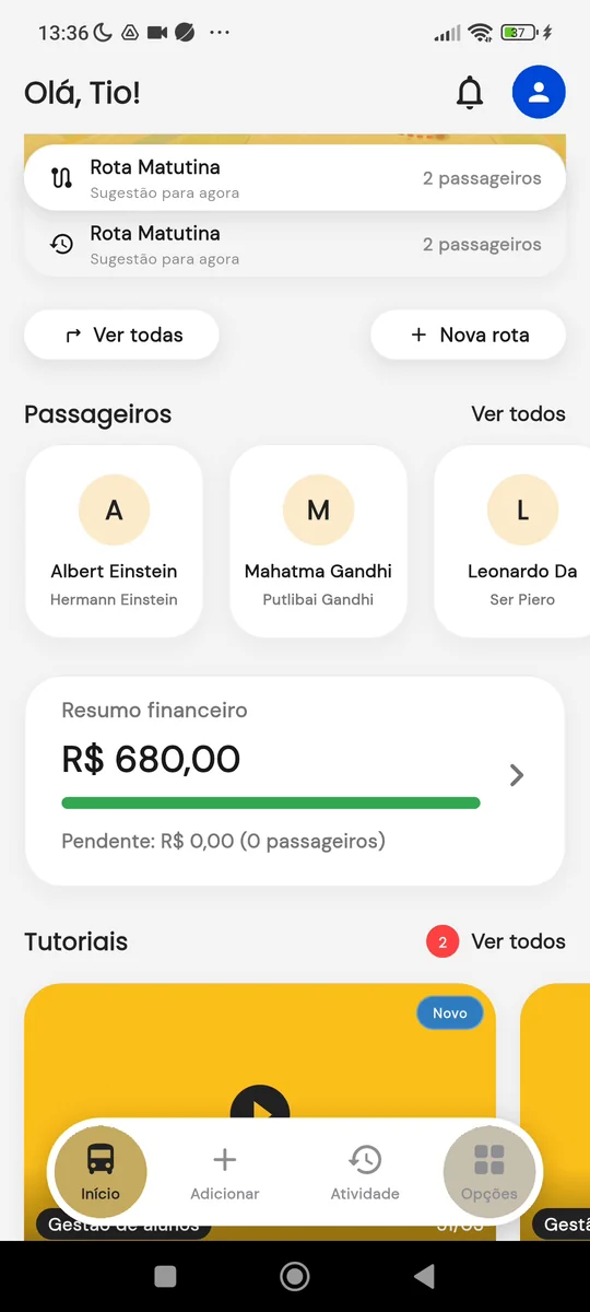 Resumo financeiro atualizado na tela inicial