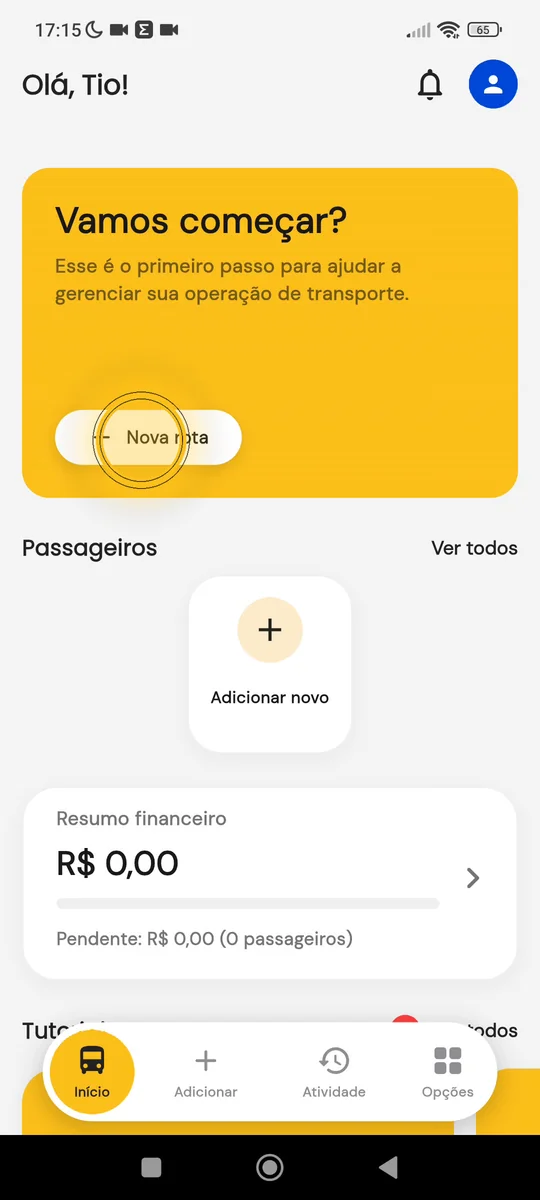 Tela inicial do app Vanguru com o botão Nova rota destacado