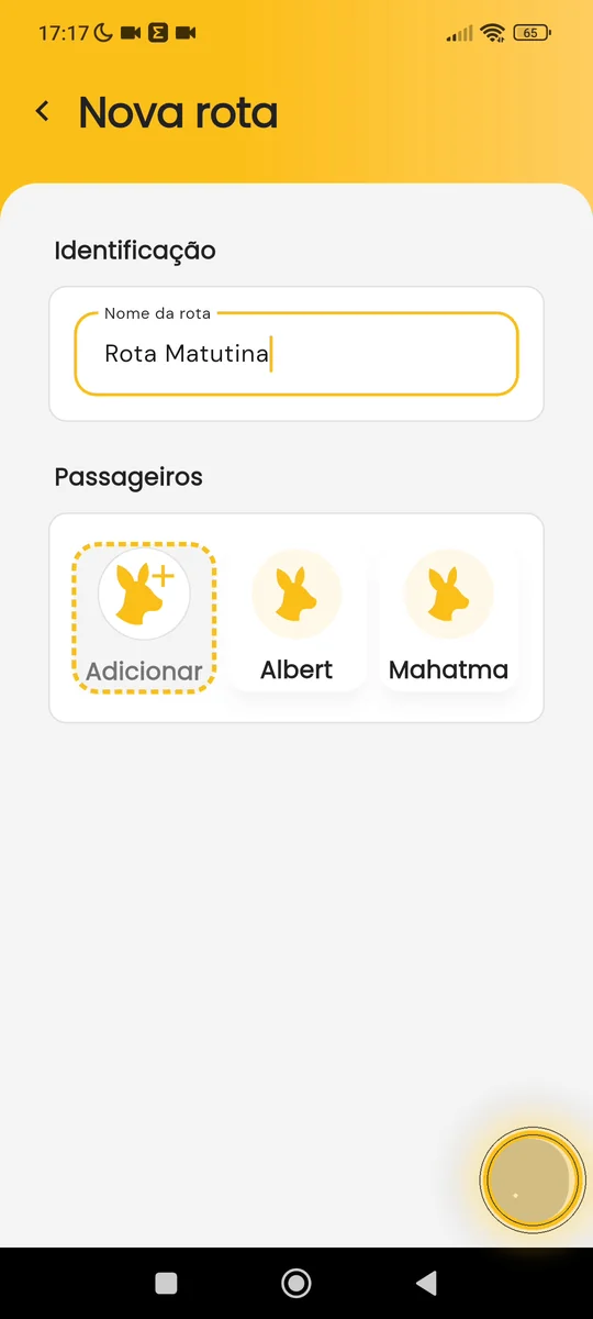 Tela final com a lista de passageiros e o botão de salvar a rota