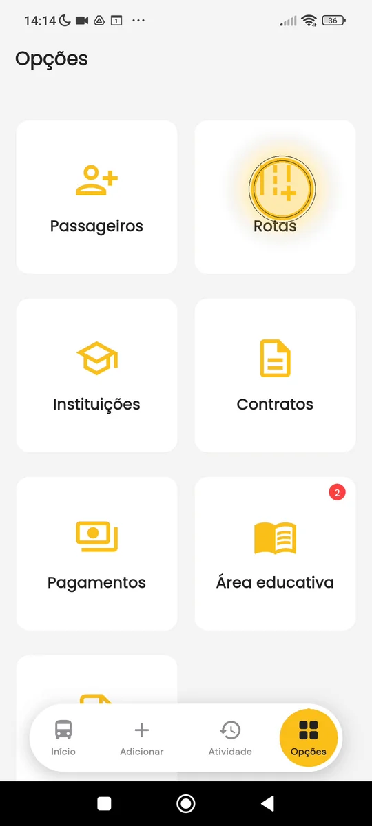 Menu Opções do Vanguru com o item Rotas destacado