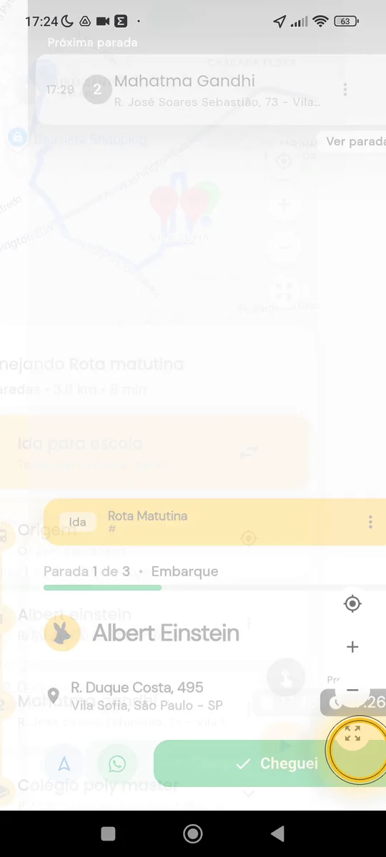 Tela de execução da rota com a primeira parada e o botão Cheguei