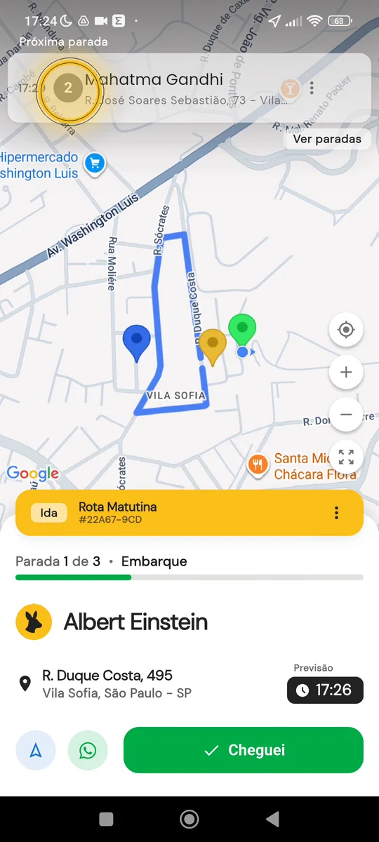 Mapa da rota com a lista de paradas e a previsão de horário