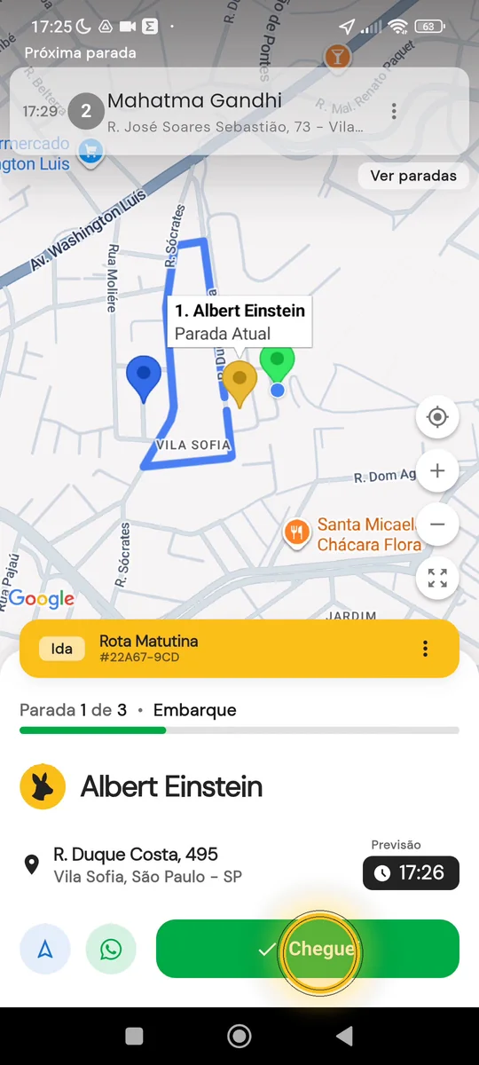 Botão Cheguei destacado na parada de embarque