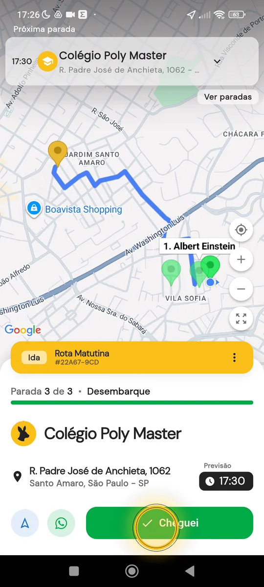 Parada de desembarque no colégio com o botão Cheguei destacado