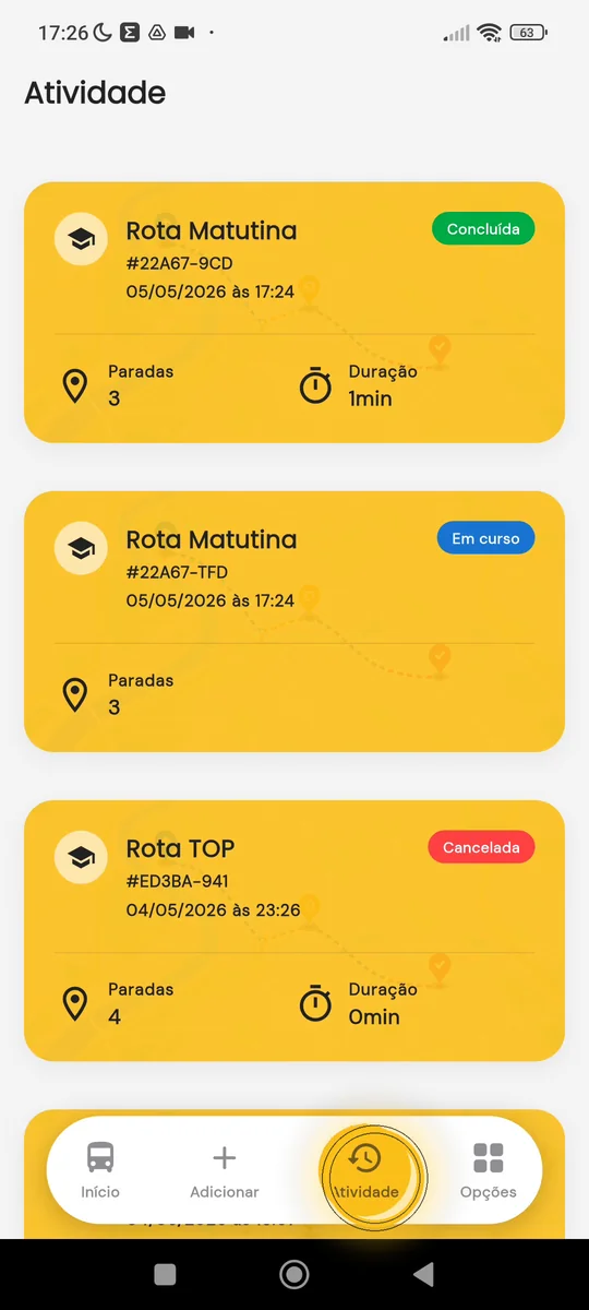 Aba Atividade com o histórico de rotas