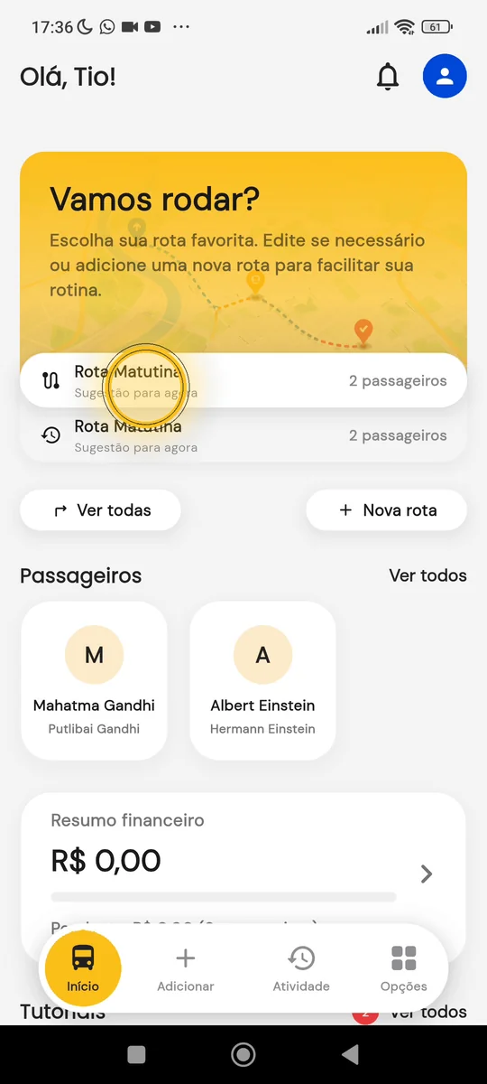 Tela inicial com a rota do dia
