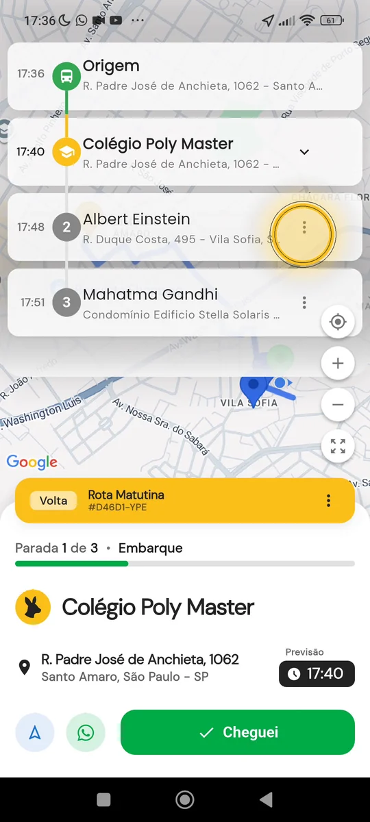 Menu do passageiro com a opção de remover da rota
