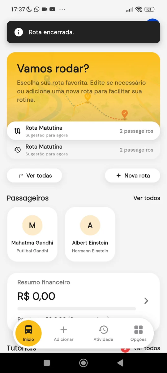 Aviso de rota encerrada e retorno à tela inicial