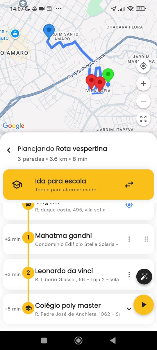 Planejamento da rota com a ordem das paradas