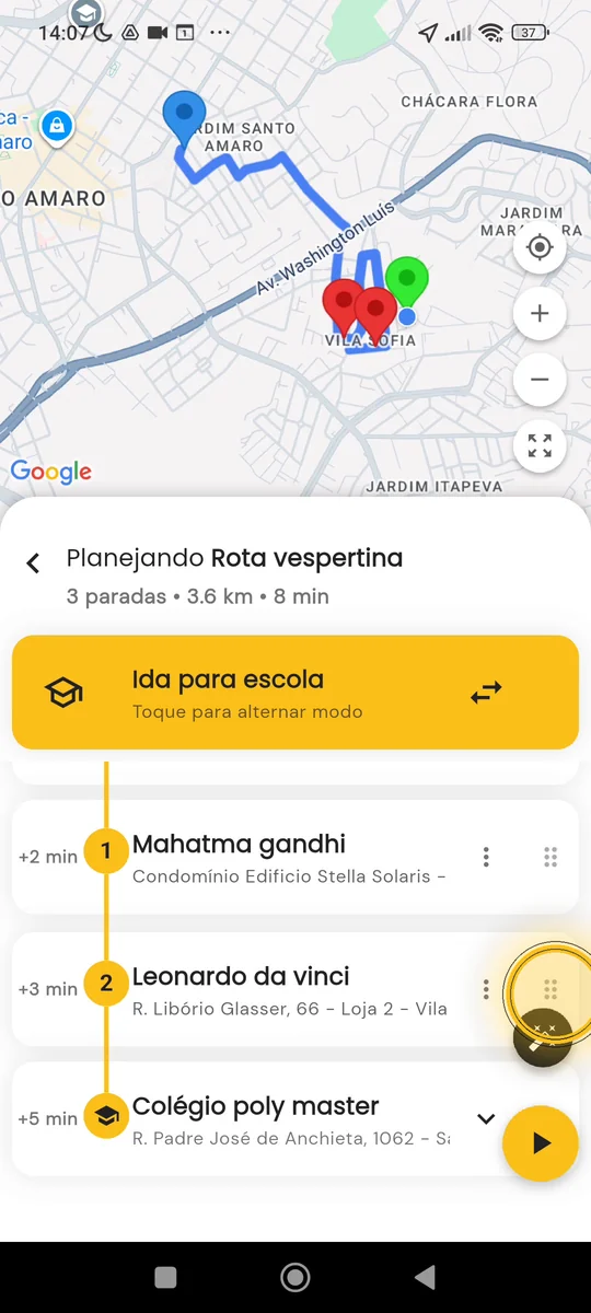 Reordenando as paradas da rota ao arrastar