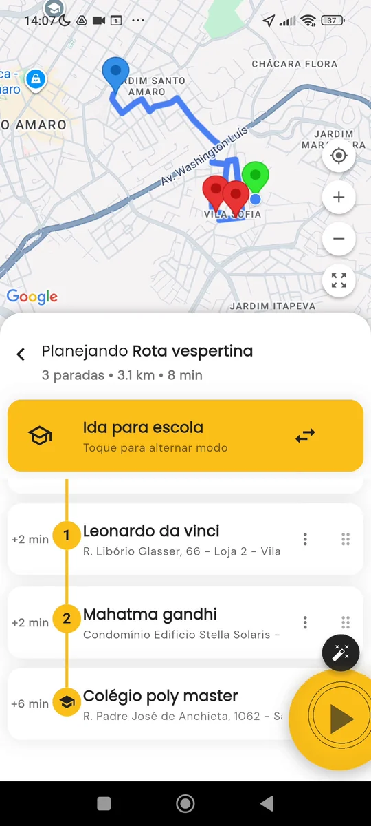 Botão de iniciar a rota destacado