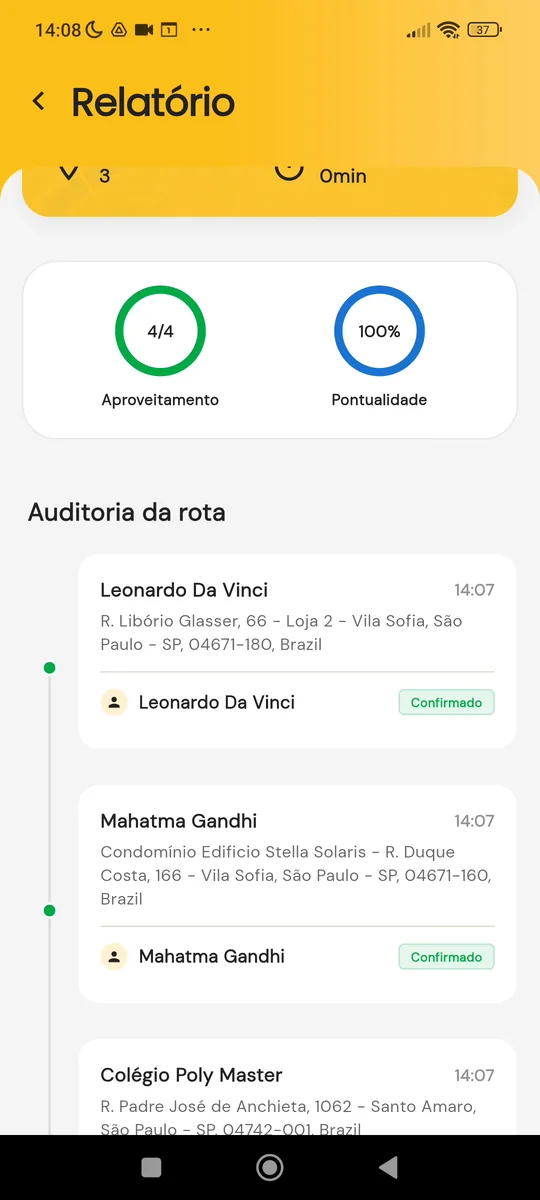 Relatório da rota com aproveitamento, pontualidade e auditoria