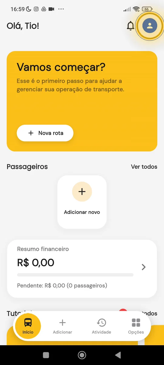 Tela inicial com o ícone de perfil destacado