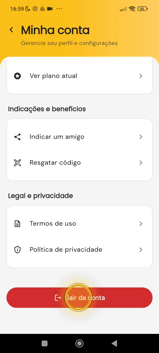 Tela Minha conta com o botão Sair da conta
