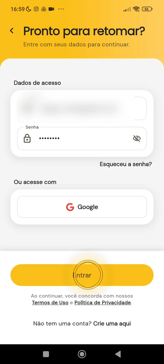 Botão Entrar destacado na tela de login