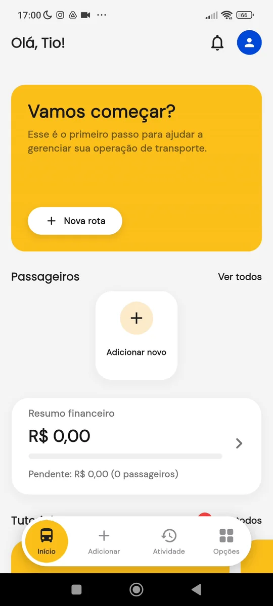 Tela inicial do Vanguru após o login